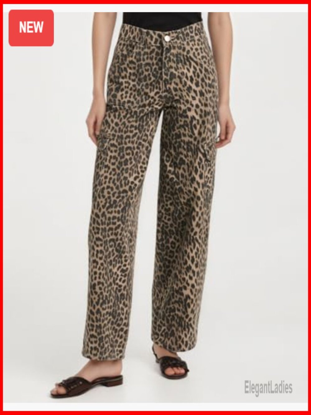 Women's Leopard Print Cargo Jeans Straight Leg Baggy Boyfriend Fit with Pockets - Picture 6 of 7